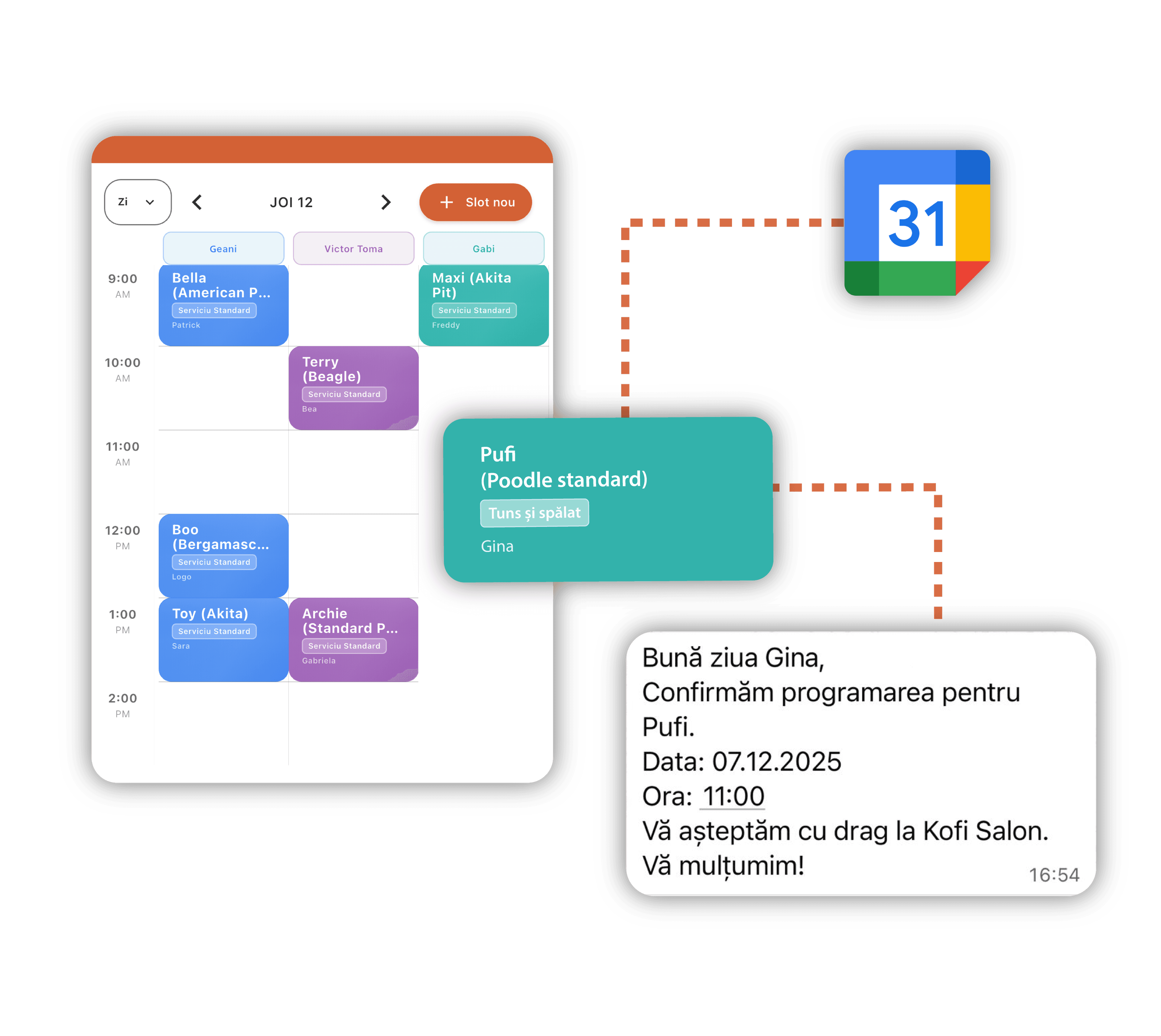 Calendar digital cu programări și sincronizare Google Calendar